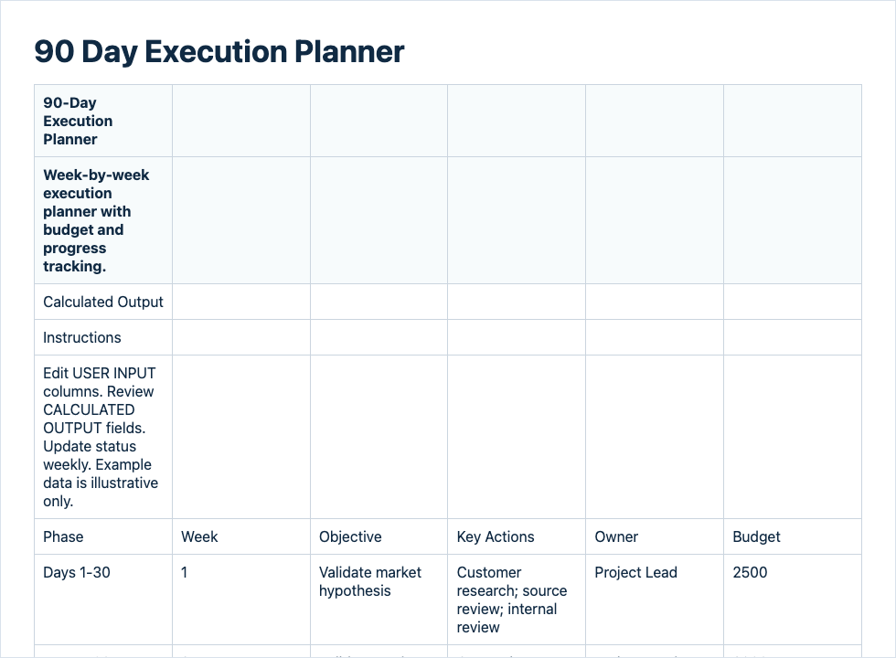 Preview of the 90-Day Execution Planner workbook